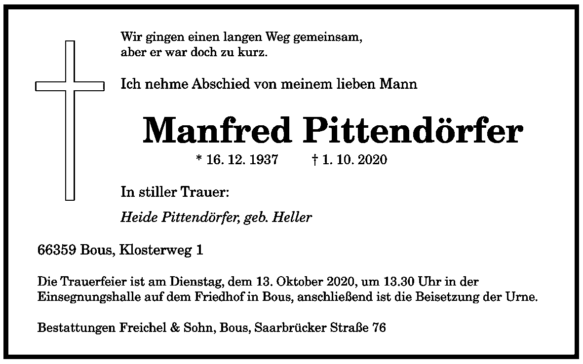 Todesanzeige Manfred Pittendoerfer